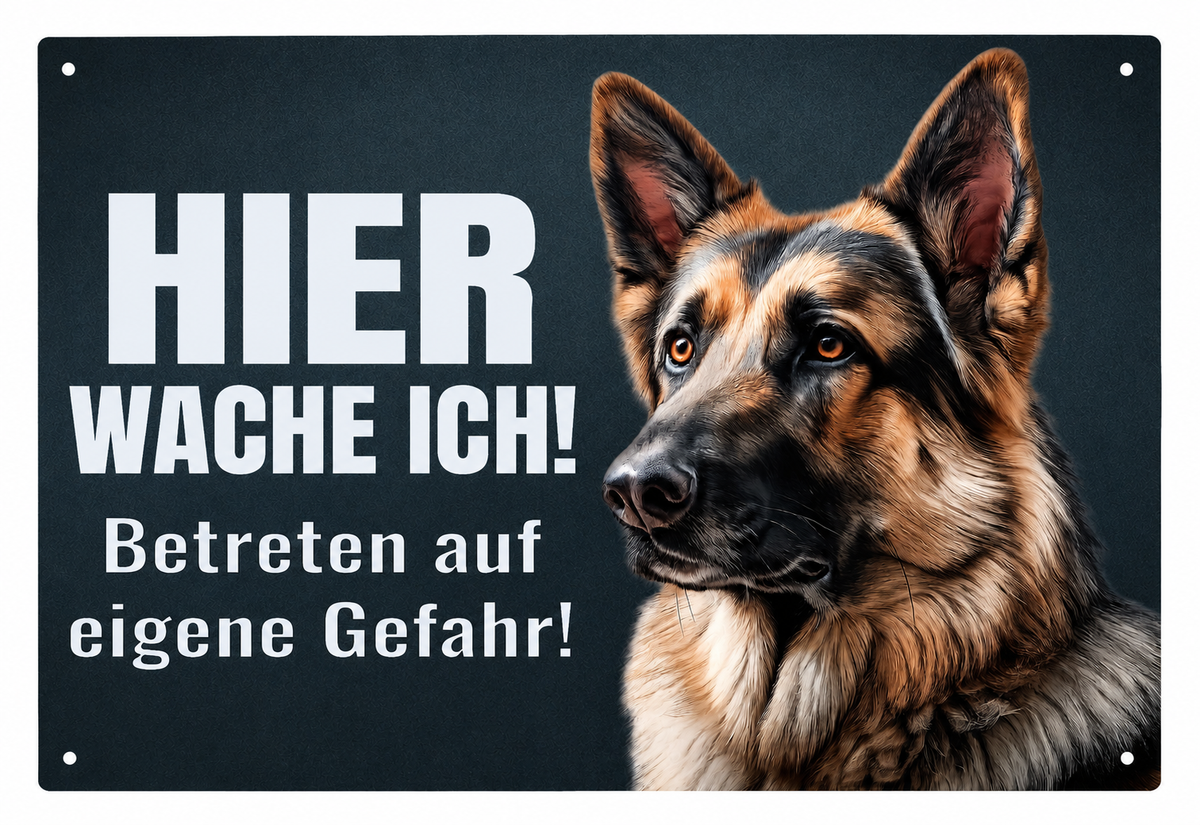 Premium Hundeschild Deutscher Schäferhund Hier wache ich! – Premium Warnschild Hund aus Aluminium Verbund – Wetterfestes Schild für Außenbereich