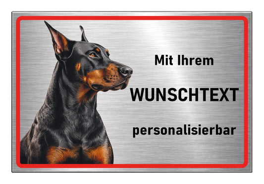 Dobermann Warnschild aus gebürstetem Aluverbund mit Wunschtext oder Hundename