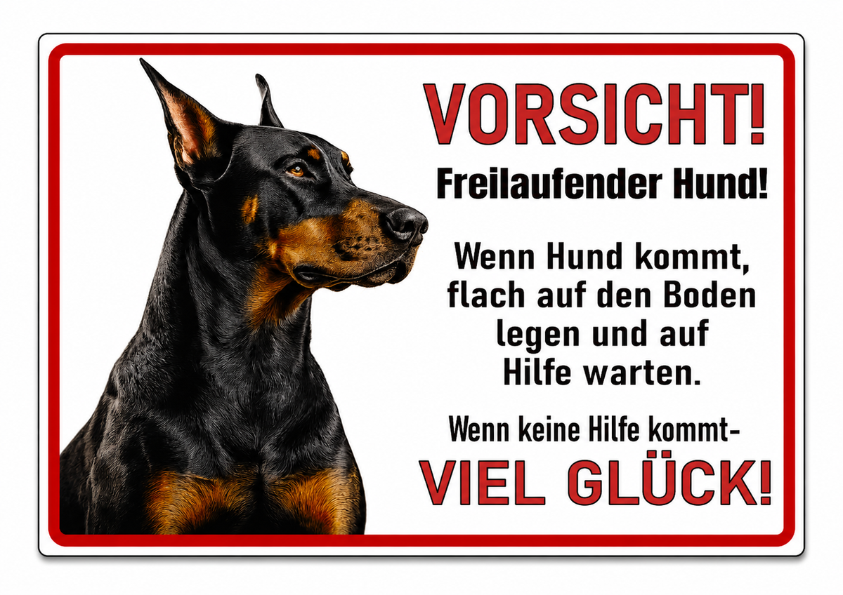 Dobermann Hundeschild aus Aluminium Verbund mit Spruch Vorsicht Freilaufender Hund