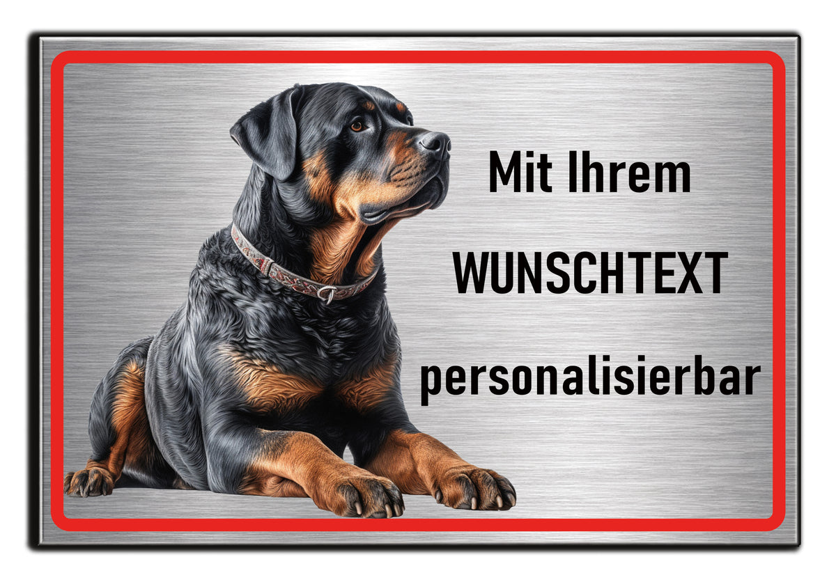 Hundeschild Rottweiler sitzend-wachsam – Vorsicht Hund Schild mit Spruch oder Wunschtext | Aluminium Verbund Silber gebürstet