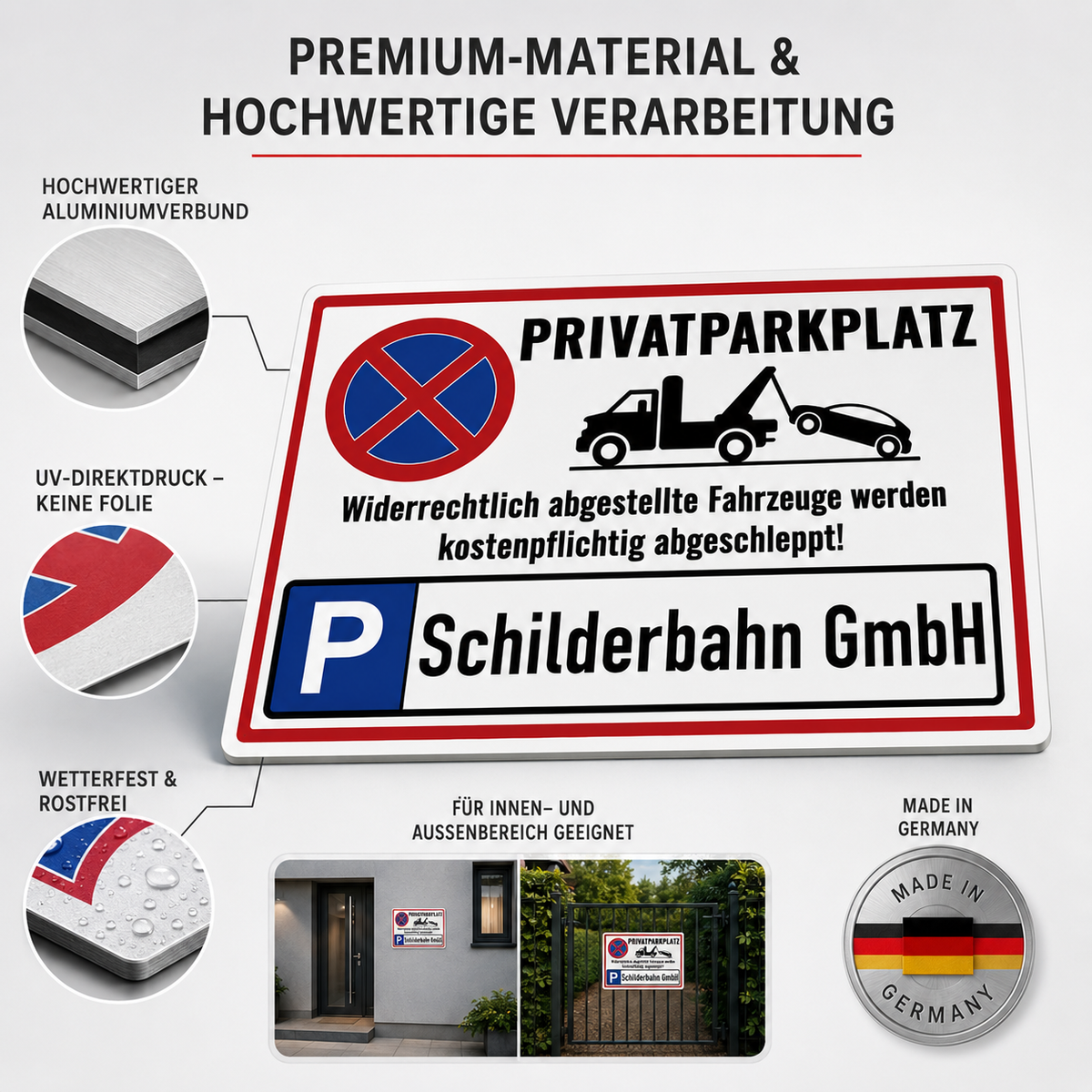 Wetterfestes Parkplatzschild aus 3 mm Aluminiumverbund mit UV-Direktdruck Made in Germany