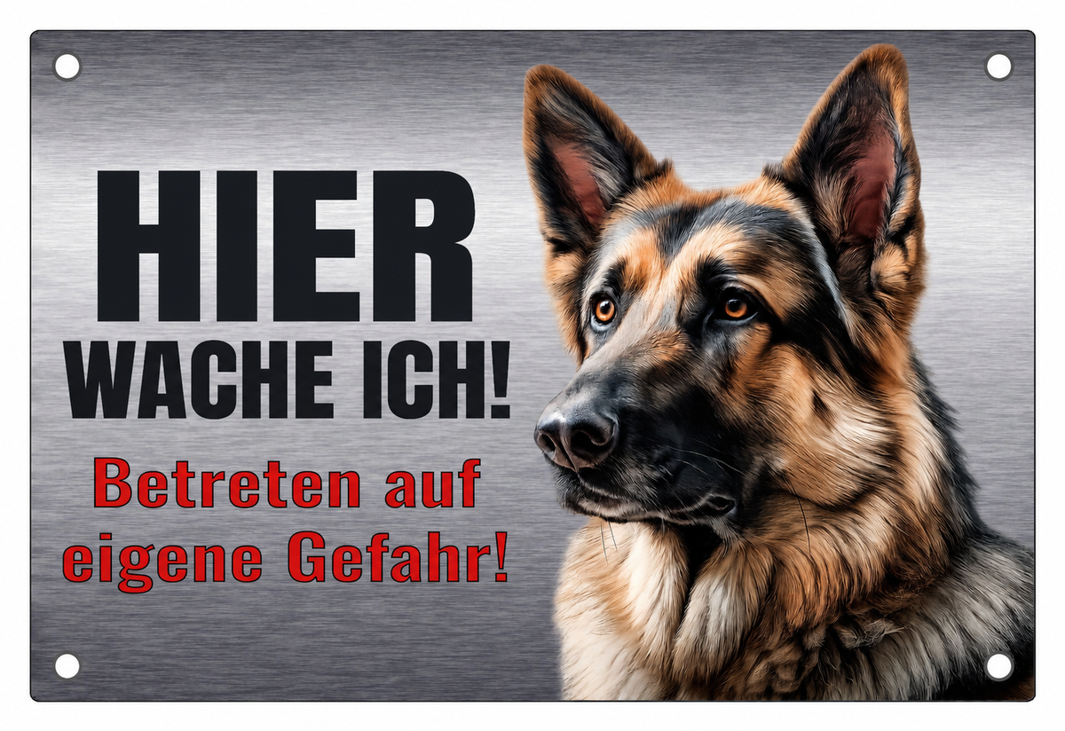 Hundeschild Deutscher Schäferhund Hier wache ich! – Premium Warnschild Hund aus Aluminium Verbund in Edelstahl Optik – Wetterfestes Schild für Außenbereich