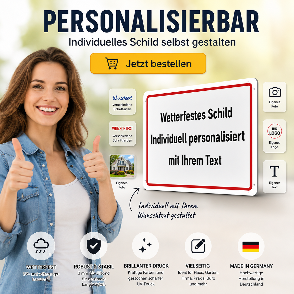 Personalisiertes Hinweisschild aus Aluverbund mit Wunschtext