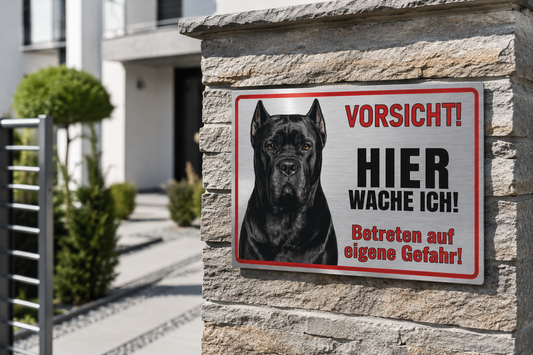 Hundeschild Cane Corso Warnschild – Hier wache ich! | Silber gebürstet