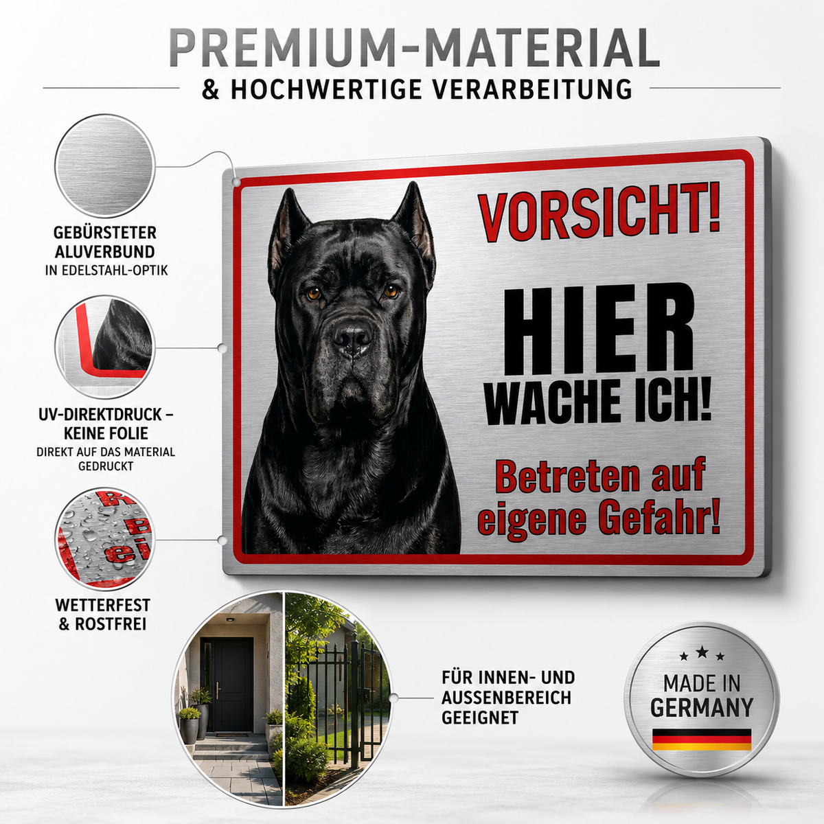 Hundeschild Cane Corso Warnschild – Hier wache ich! | Silber gebürstet