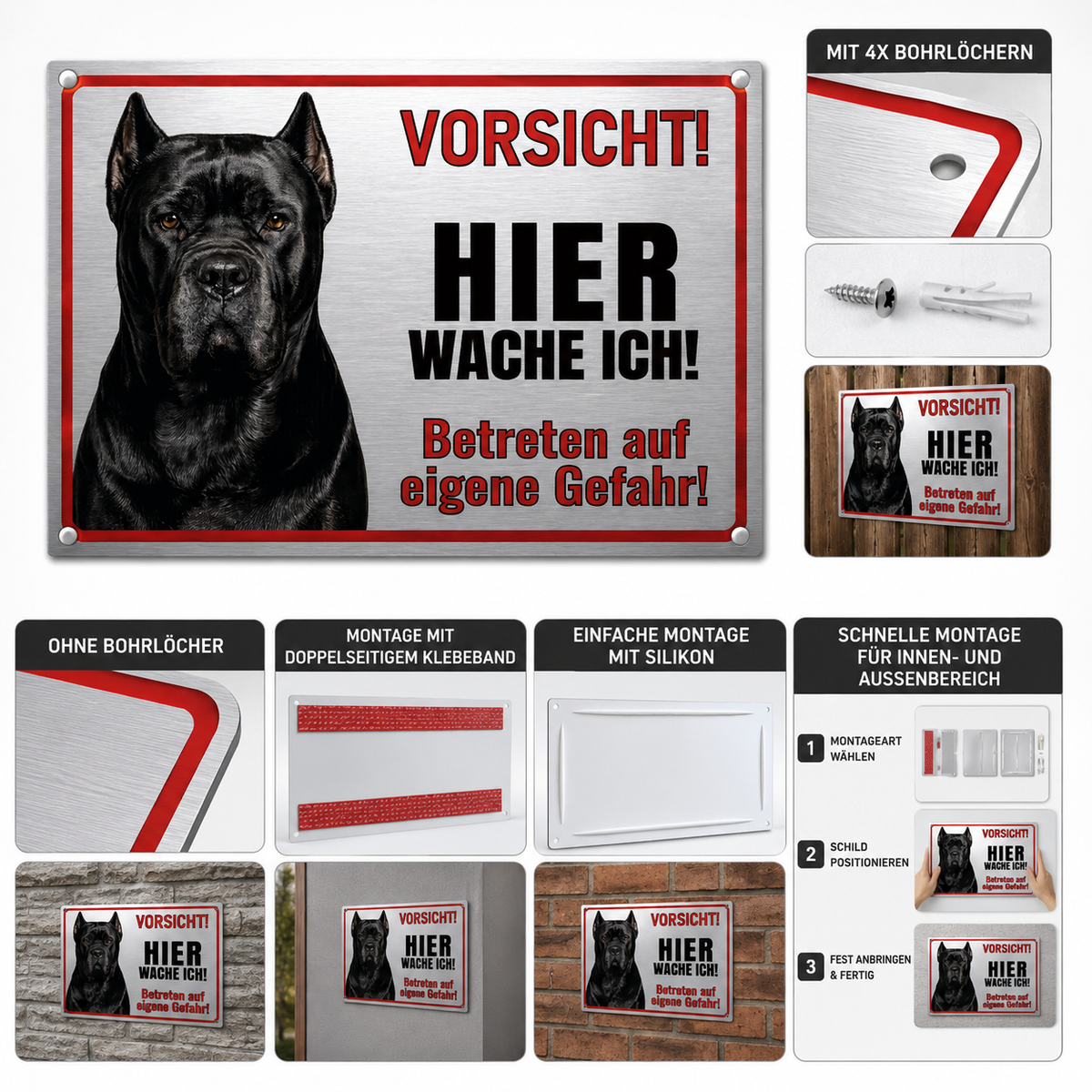 Hundeschild Cane Corso Warnschild – Hier wache ich! | Silber gebürstet