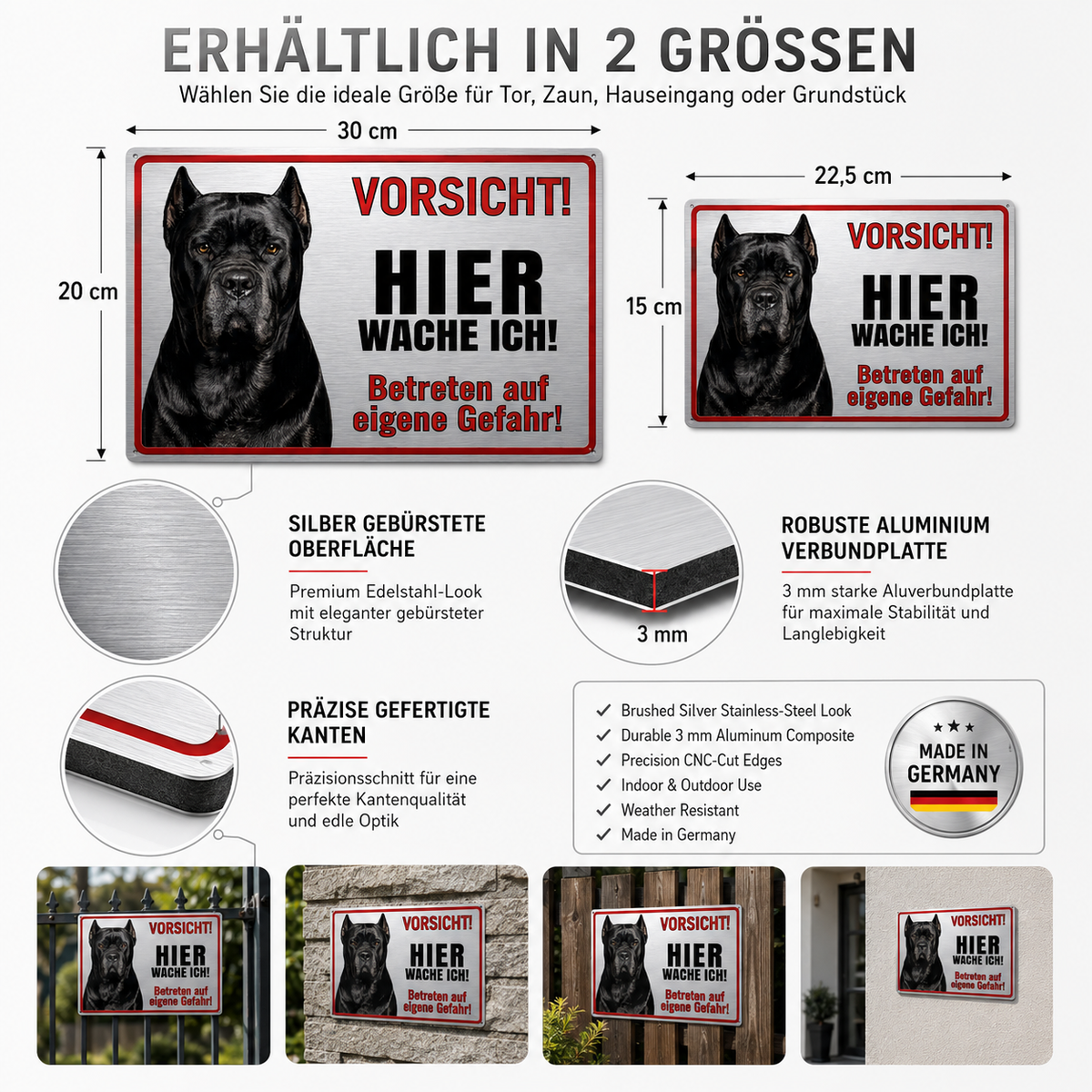 Hundeschild Cane Corso Warnschild – Hier wache ich! | Silber gebürstet