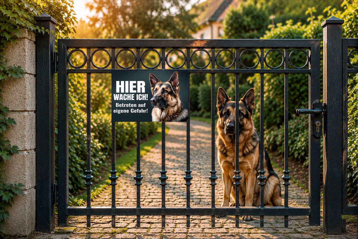 Premium Hundeschild Deutscher Schäferhund Hier wache ich! – Premium Warnschild Hund aus Aluminium Verbund – Wetterfestes Schild für Außenbereich