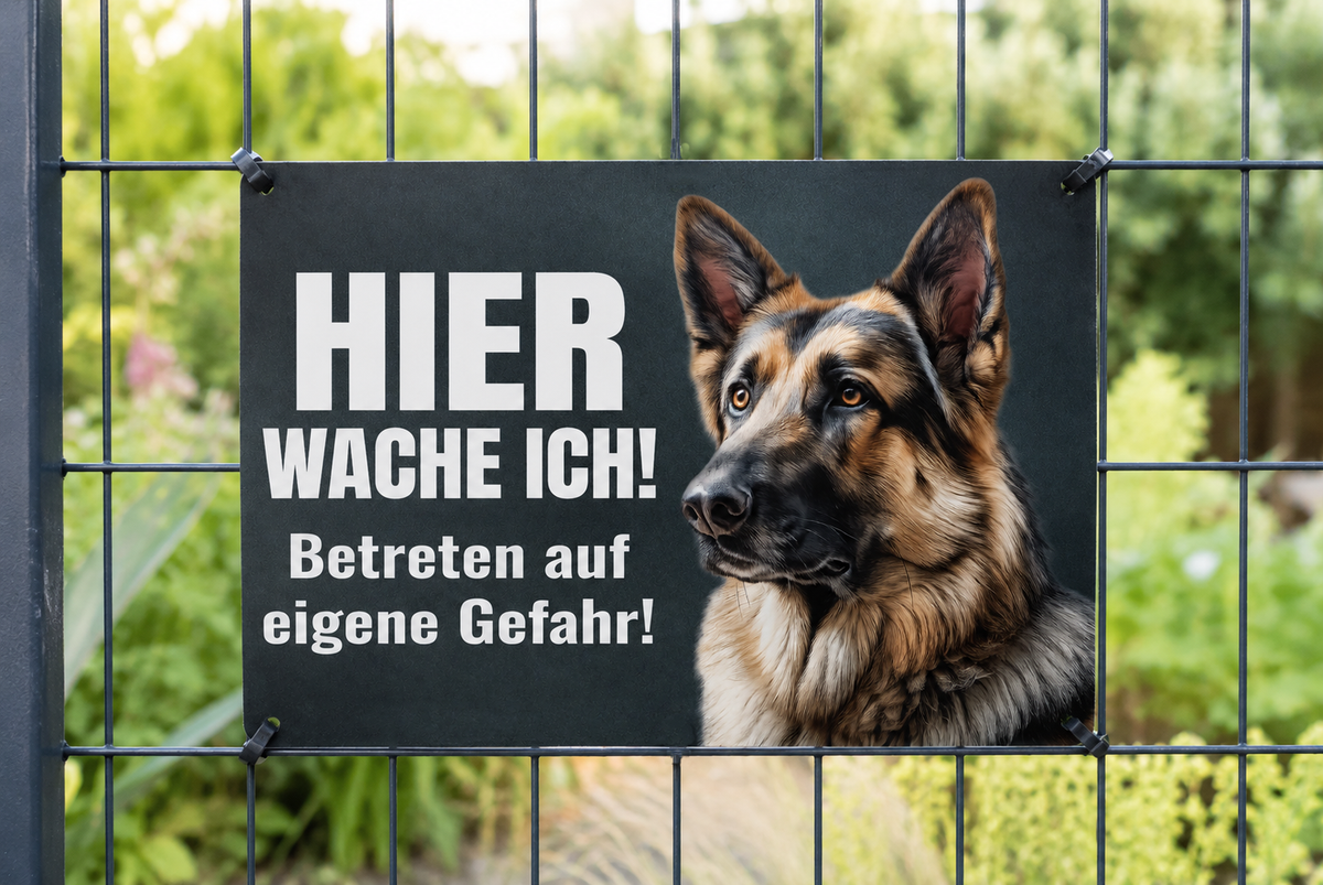 Premium Hundeschild Deutscher Schäferhund Hier wache ich! – Premium Warnschild Hund aus Aluminium Verbund – Wetterfestes Schild für Außenbereich