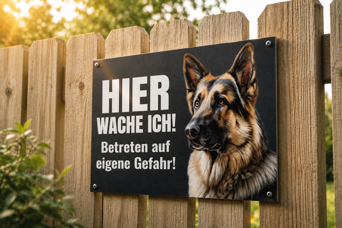 Premium Hundeschild Deutscher Schäferhund Hier wache ich! – Premium Warnschild Hund aus Aluminium Verbund – Wetterfestes Schild für Außenbereich