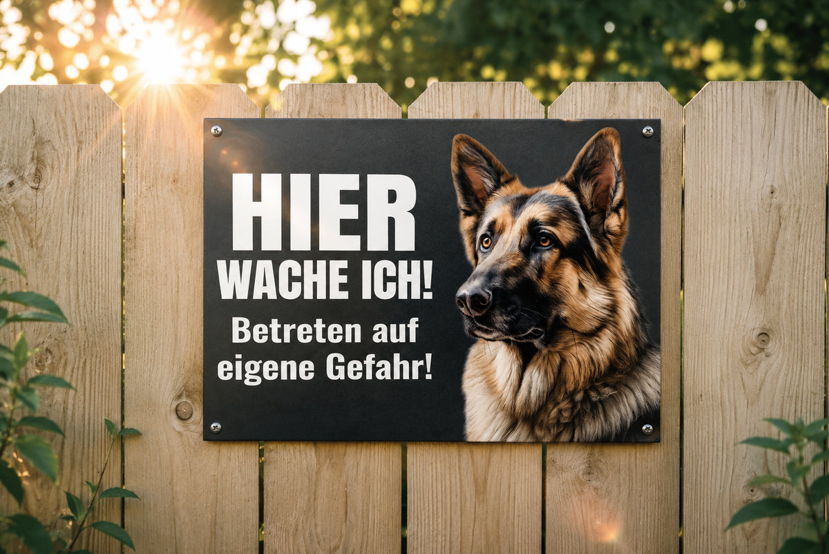Premium Hundeschild Deutscher Schäferhund Hier wache ich! – Premium Warnschild Hund aus Aluminium Verbund – Wetterfestes Schild für Außenbereich