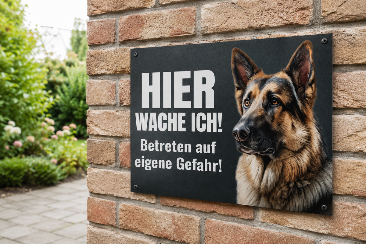 Premium Hundeschild Deutscher Schäferhund Hier wache ich! – Premium Warnschild Hund aus Aluminium Verbund – Wetterfestes Schild für Außenbereich