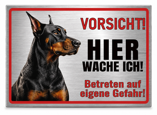 Dobermann Hundeschild Edelstahl Optik Hier wache ich Warnschild aus gebürstetem Aluverbund