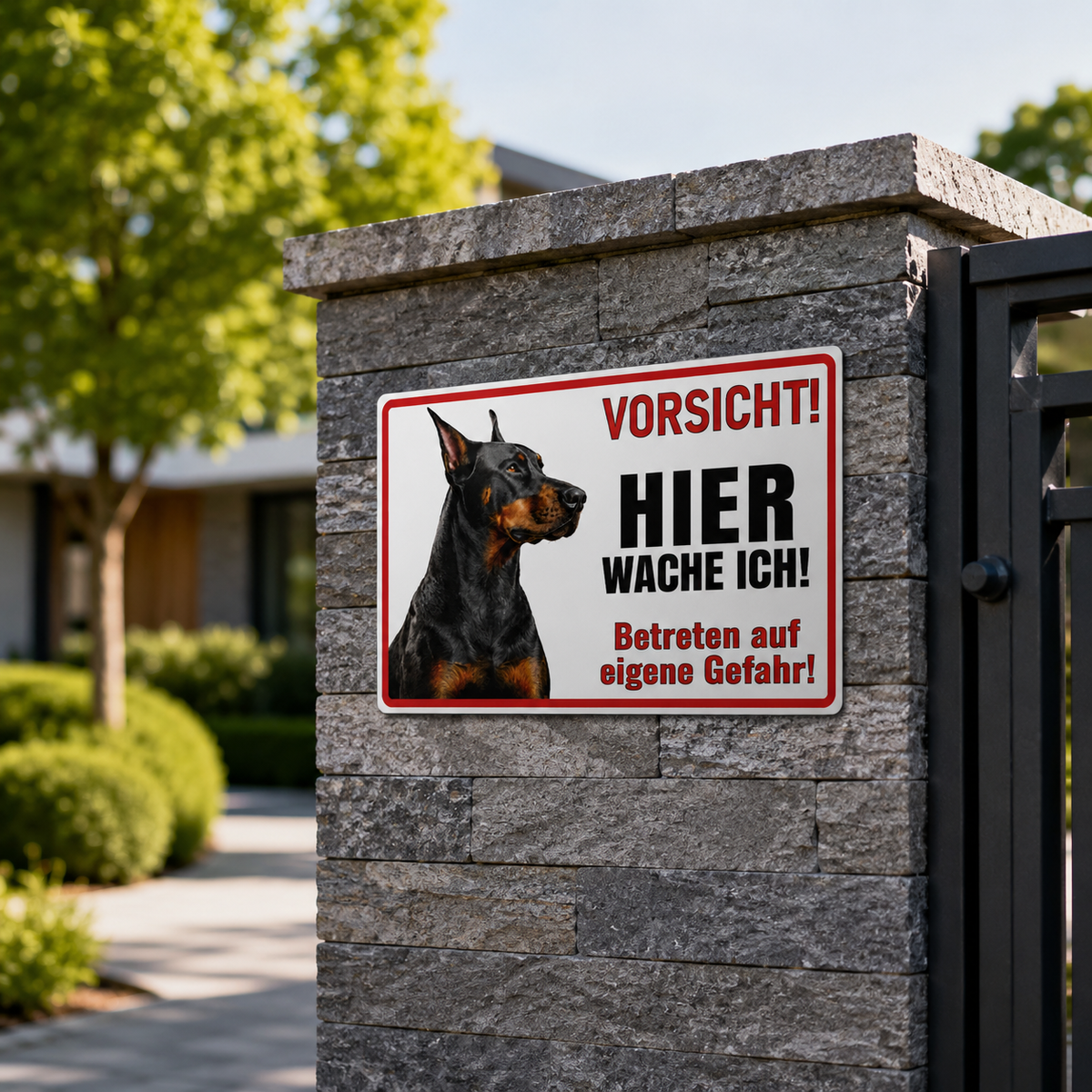 Dobermann Warnschild an Grundstücksmauer montiert wetterfestes Hundeschild