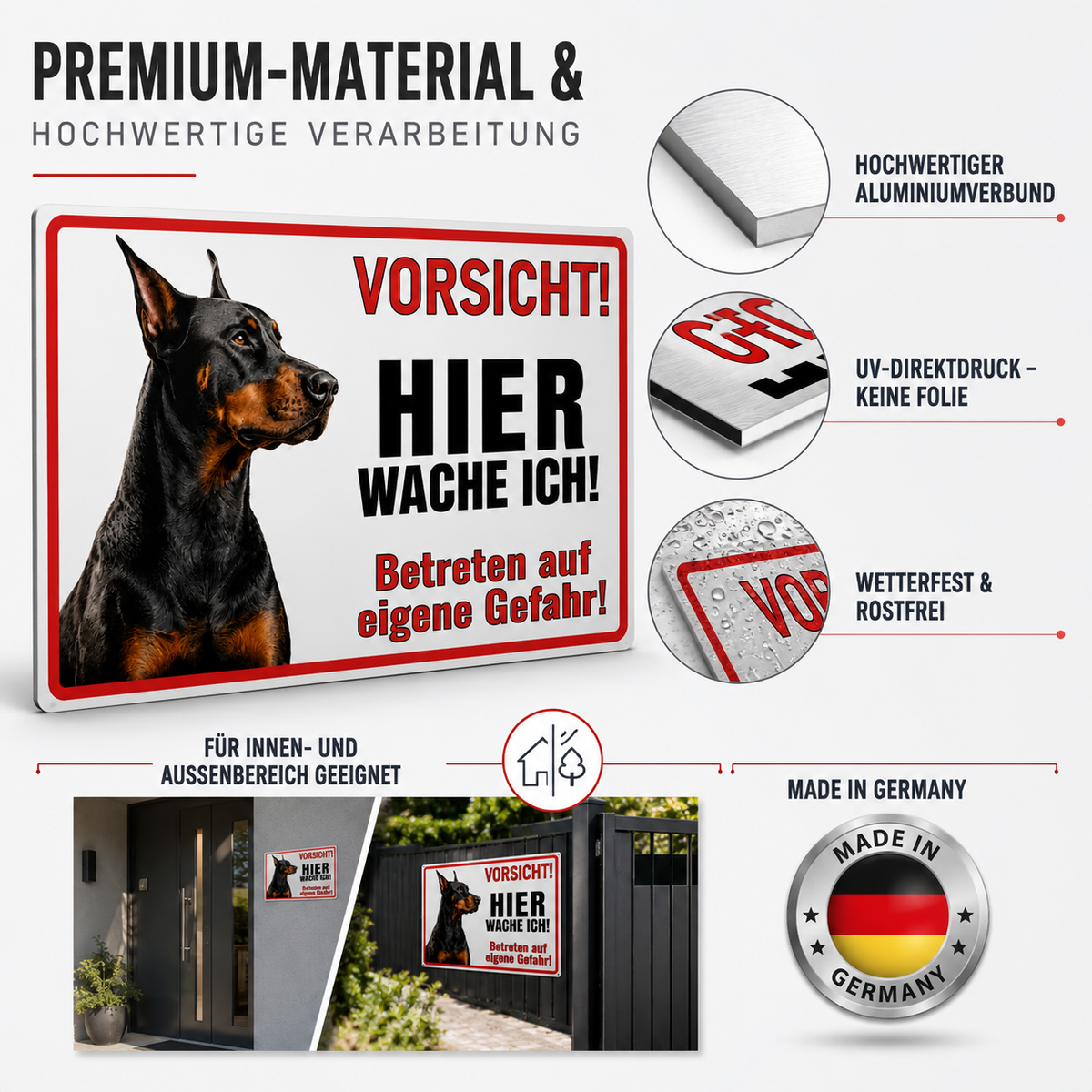 Dobermann Hundeschild aus Aluminiumverbund UV-Direktdruck wetterfest Made in Germany
