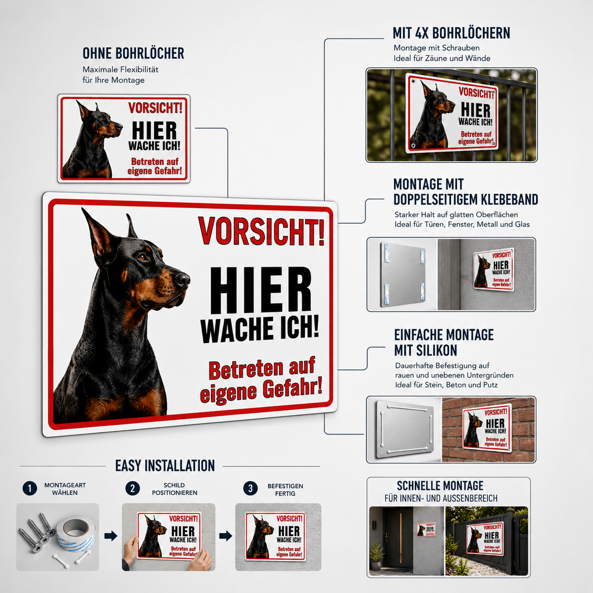 Dobermann Warnschild mit Bohrlöchern Klebeband und Silikon Montage