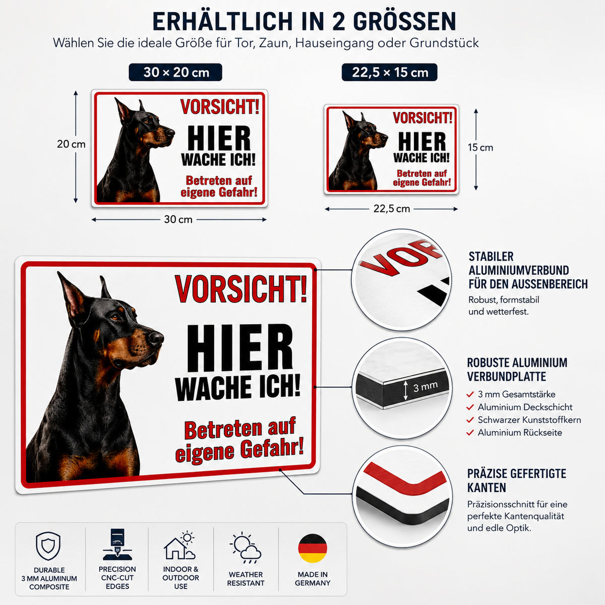 Dobermann Hundeschild in 30x20 cm und 22,5x15 cm erhältlich