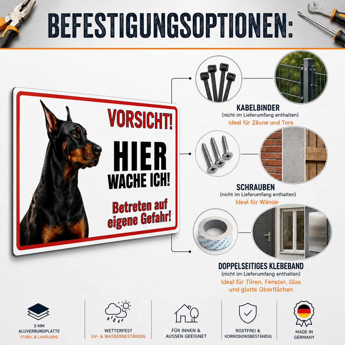 Dobermann Warnschild aus Aluverbund verschiedene Befestigungsmöglichkeiten