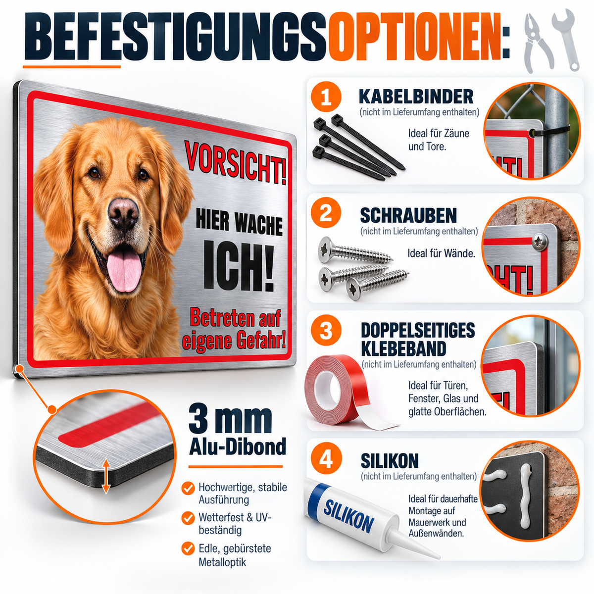 Golden Retriever Hundewarnschild Silber gebürstet in 30 x 20 cm und 22,5 x 15 cm