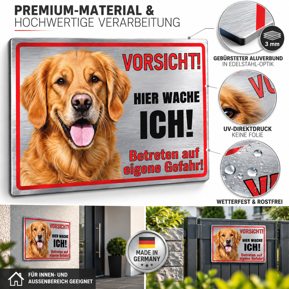 Golden Retriever Warnschild Vorsicht Hund in Silber gebürsteter Metalloptik
