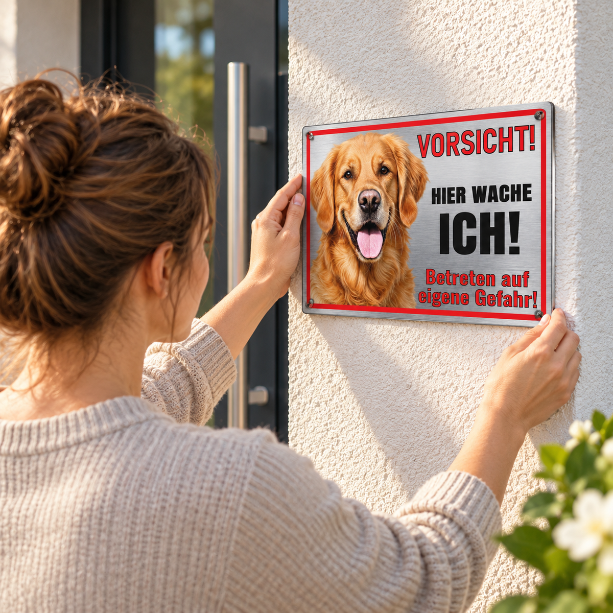 Golden Retriever Schild Hier wache ich in gebürsteter Edelstahl-Optik