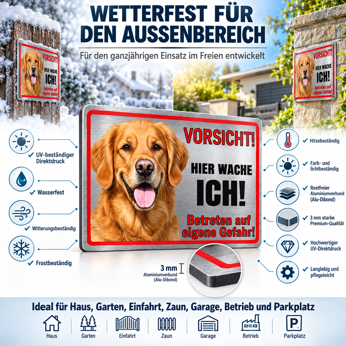 Wetterfestes Golden Retriever Warnschild aus Aluminium-Verbund für außen