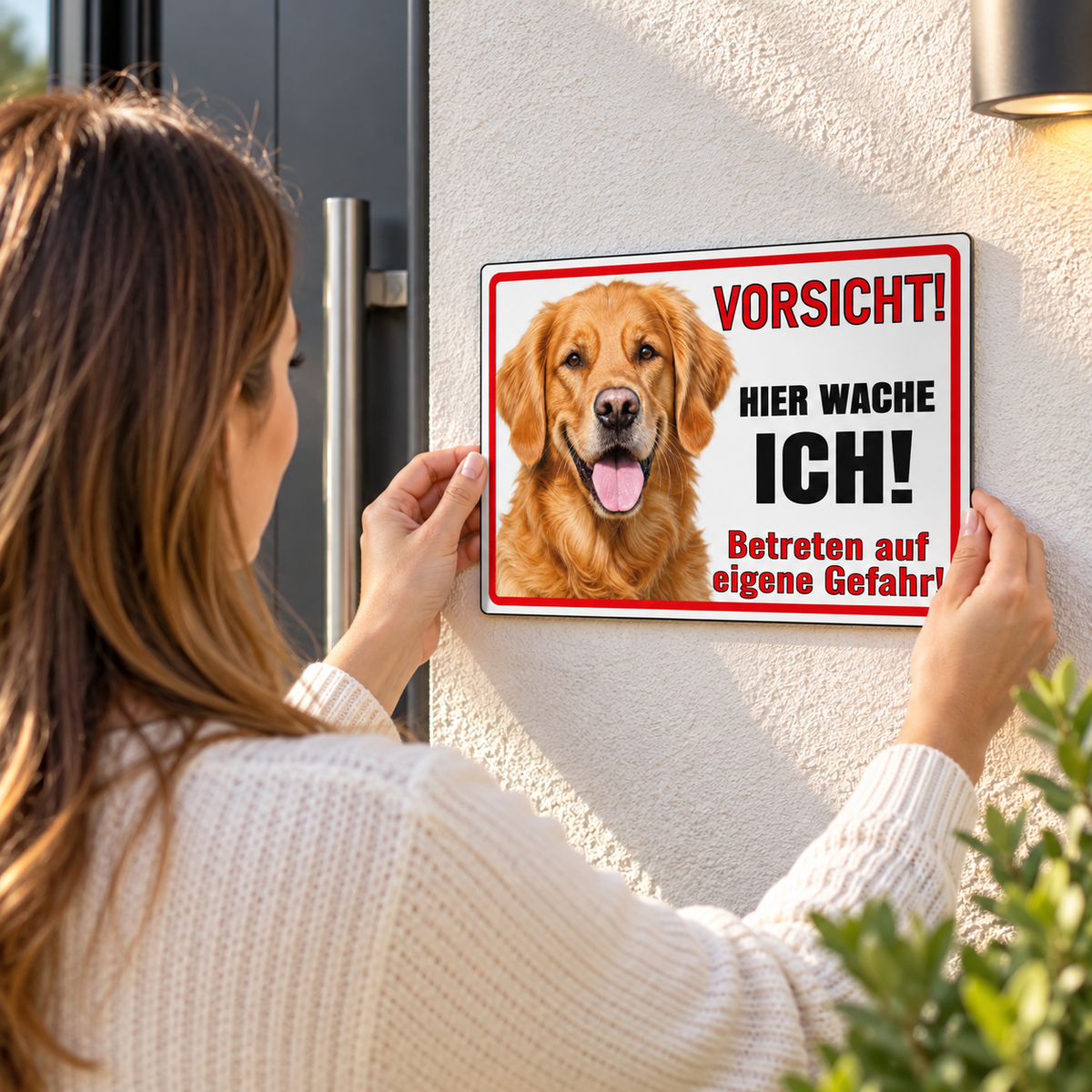 Golden Retriever Warnschild Vorsicht Hund aus weißem Alu-Verbund