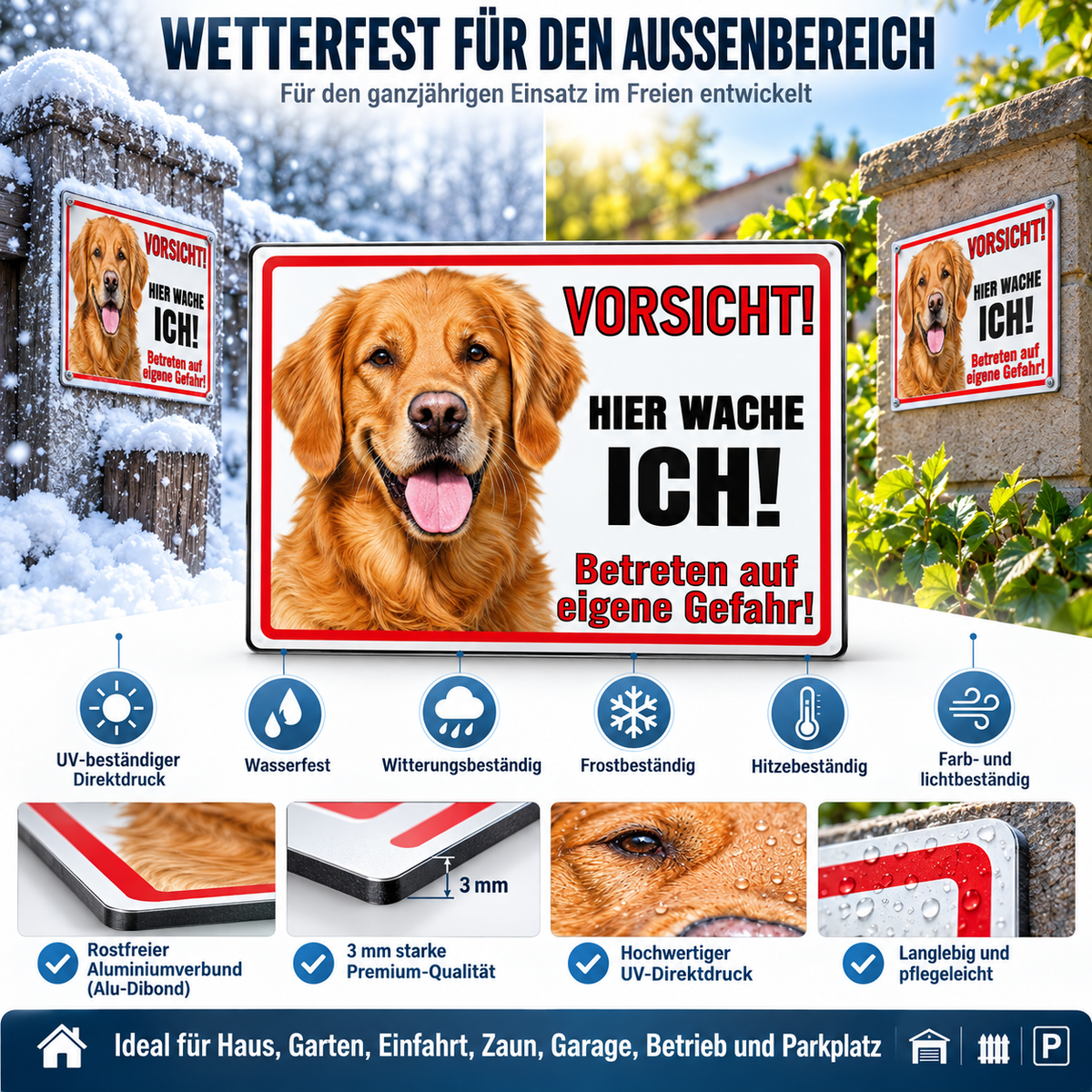 Wetterfestes Golden Retriever Warnschild aus Aluminium-Verbund für außen