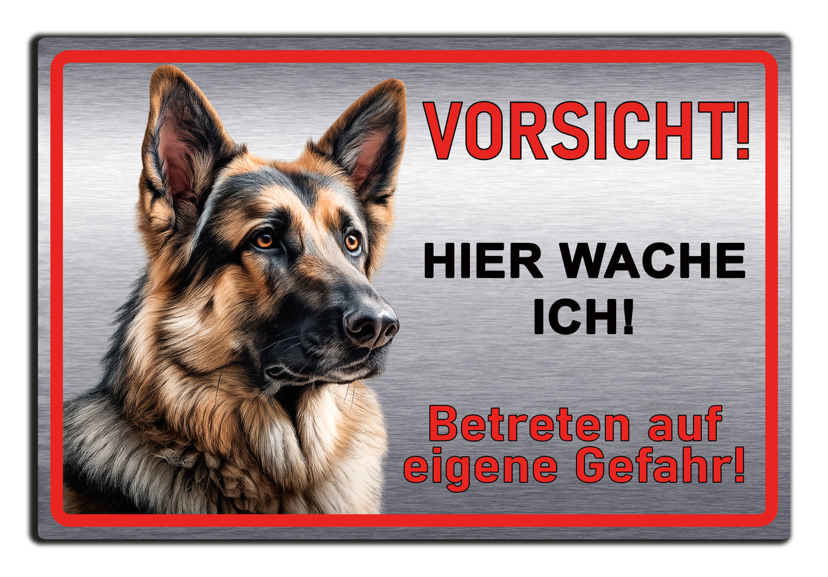 Hundeschild Deutscher Schäferhund – Vorsicht Hund Schild | Silber gebürstet