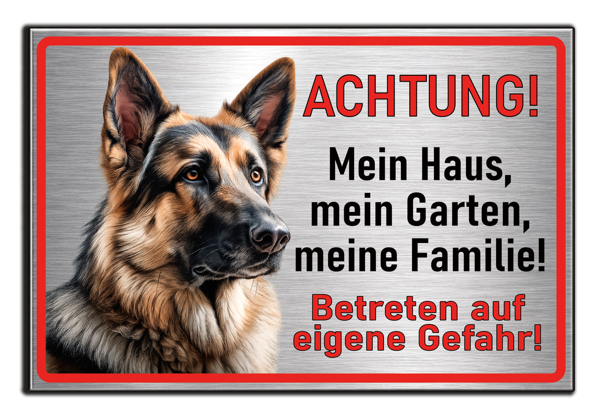 Hundeschild Deutscher Schäferhund – Vorsicht Hund Schild | Silber gebürstet