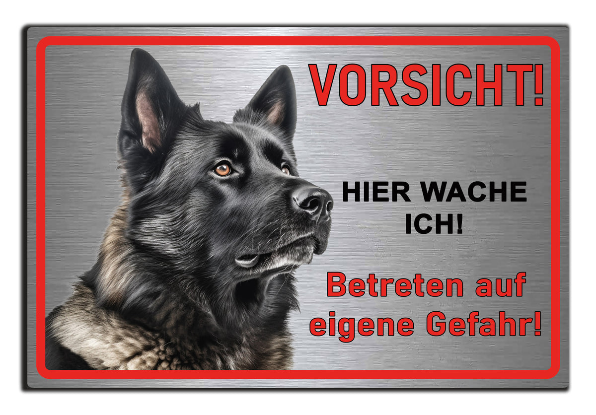 Hundeschild Deutscher Schäferhund Schwarz – Vorsicht Hund Schild mit Spruch oder Wunschtext | Aluminium Verbund Silber gebürstet