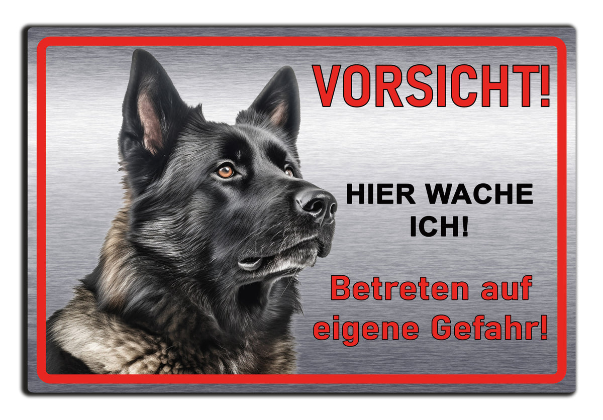 Hundeschild Deutscher Schäferhund Schwarz – Vorsicht Hund Schild mit Spruch oder Wunschtext | Aluminium Verbund Silber gebürstet