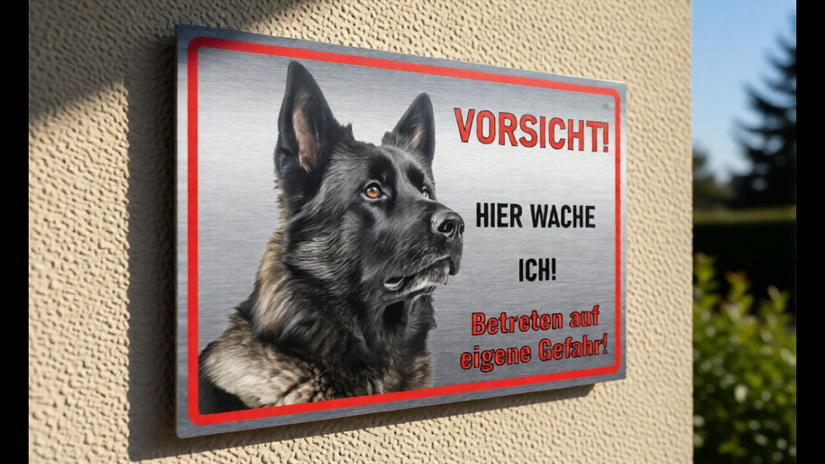 Hundeschild Deutscher Schäferhund Schwarz – Vorsicht Hund Schild mit Spruch oder Wunschtext | Aluminium Verbund Silber gebürstet