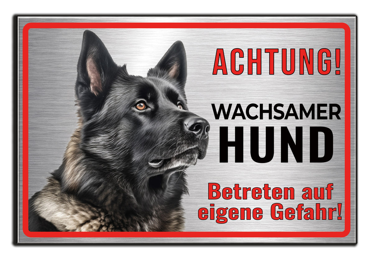 Hundeschild Deutscher Schäferhund Schwarz – Vorsicht Hund Schild mit Spruch oder Wunschtext | Aluminium Verbund Silber gebürstet