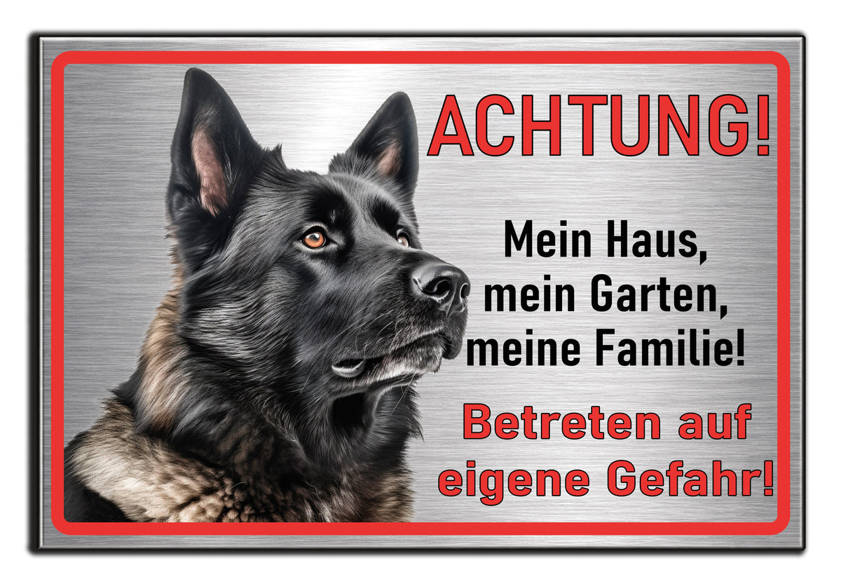 Hundeschild Deutscher Schäferhund Schwarz – Vorsicht Hund Schild mit Spruch oder Wunschtext | Aluminium Verbund Silber gebürstet