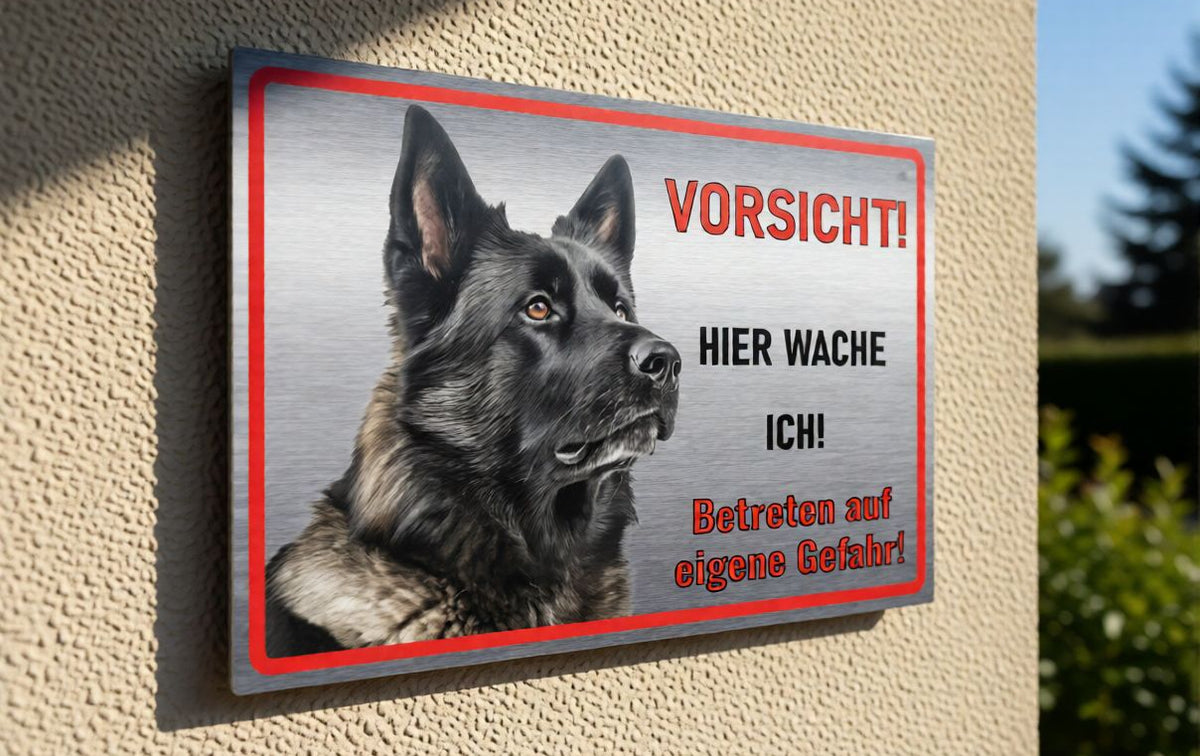 Hundeschild Deutscher Schäferhund Schwarz – Vorsicht Hund Schild mit Spruch oder Wunschtext | Aluminium Verbund Silber gebürstet