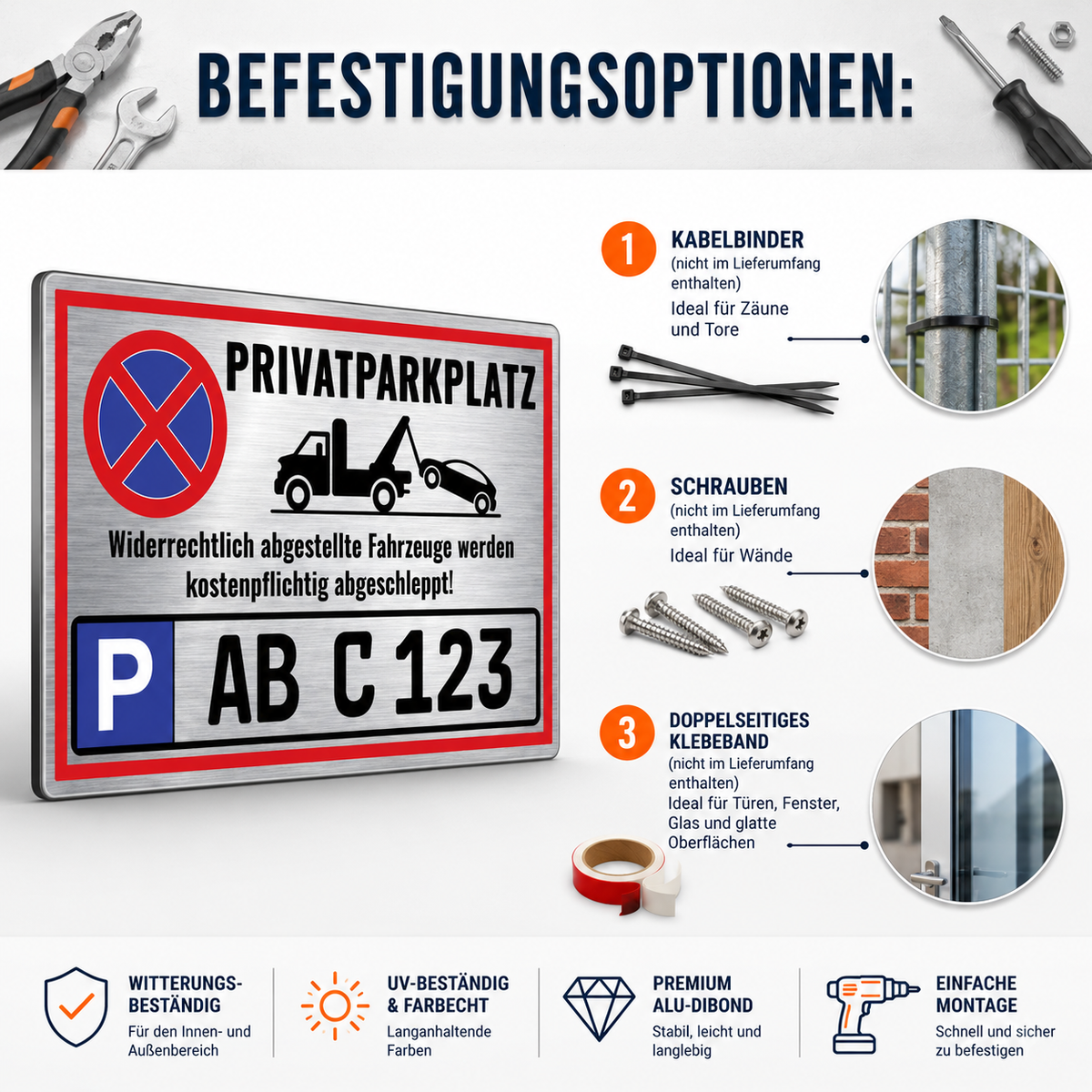 Parkplatzschild aus Aluminiumverbund Edelstahl-Optik mit verschiedenen Befestigungsmöglichkeiten für Zaun Tor Wand und Glas
