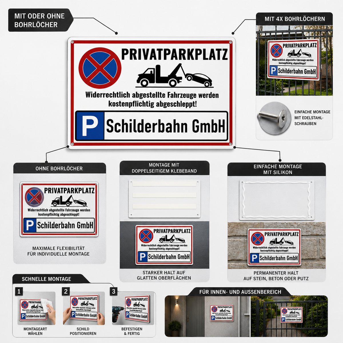 Montageoptionen Parkplatzschild mit Bohrlöchern Schrauben Klebeband oder Silikon für einfache Befestigung
