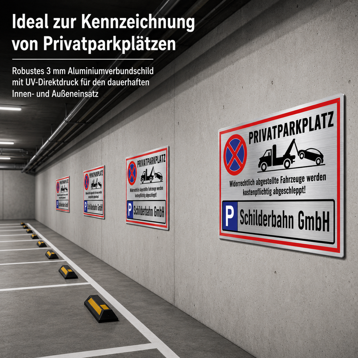 Privatparkplatz Kennzeichnung mit personalisiertem Parkplatzschild aus gebürstetem Aluminiumverbund für Tiefgarage und Stellplatz
