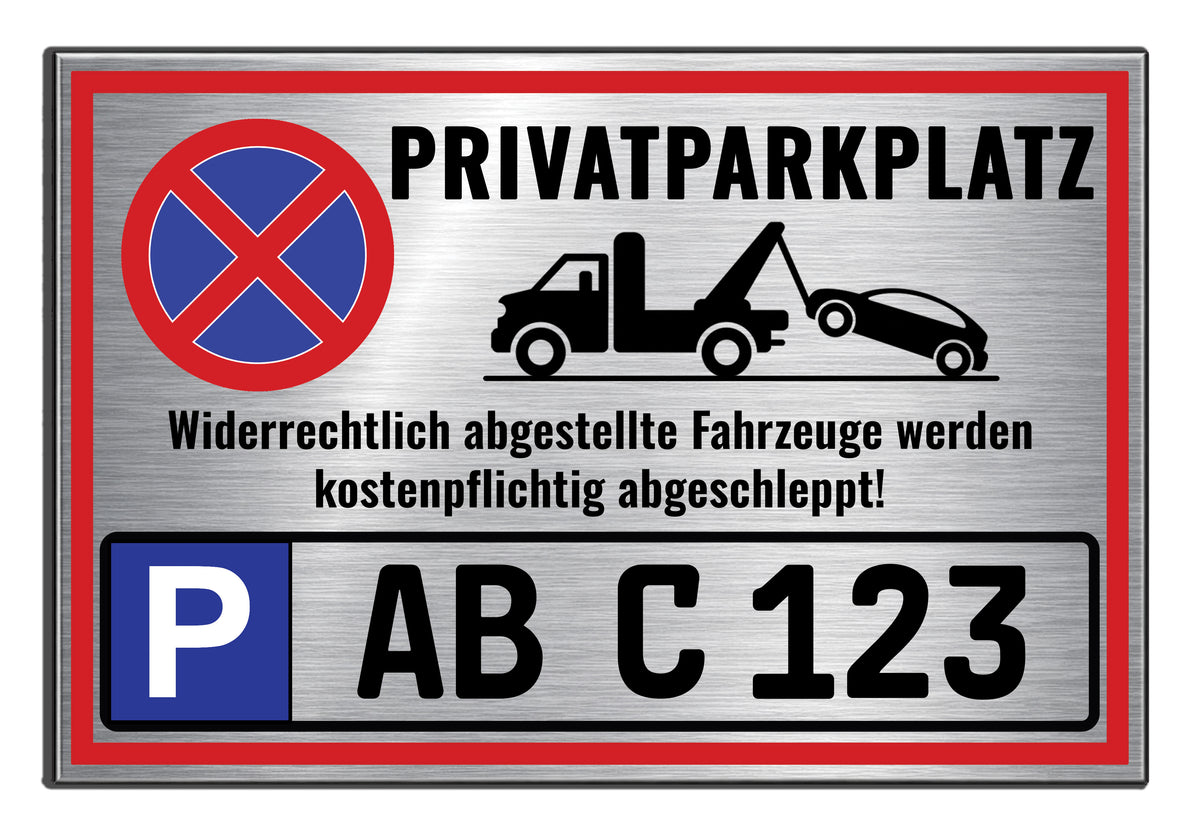 Privatparkplatz Schild personalisiert mit Kennzeichen Wunschtext aus gebürstetem Aluverbund in Edelstahl-Optik 30x20 cm