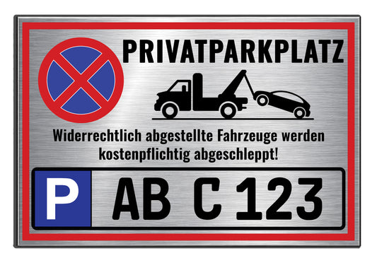 Privatparkplatz Schild personalisiert mit Kennzeichen Wunschtext aus gebürstetem Aluverbund in Edelstahl-Optik 30x20 cm