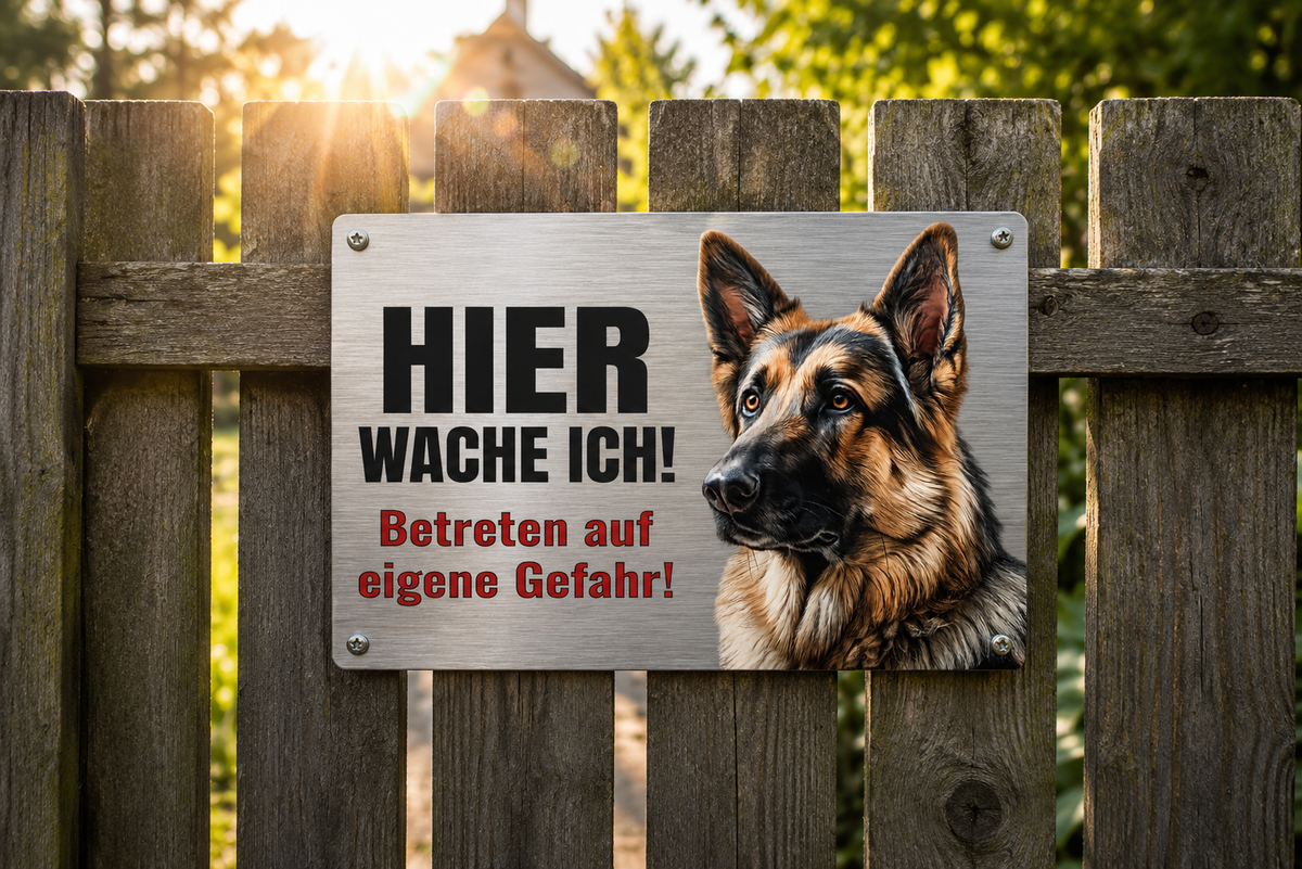 Hundeschild Deutscher Schäferhund Hier wache ich! – Premium Warnschild Hund aus Aluminium Verbund in Edelstahl Optik – Wetterfestes Schild für Außenbereich