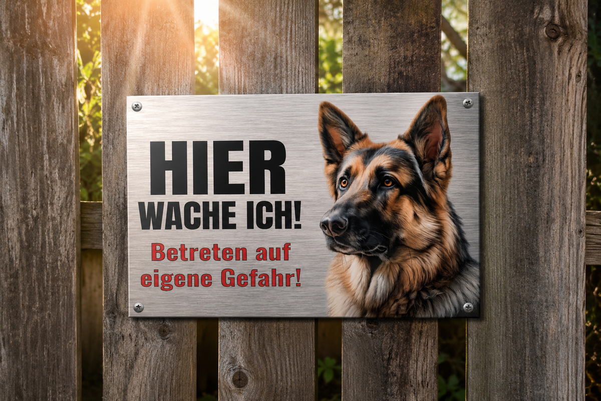 Hundeschild Deutscher Schäferhund Hier wache ich! – Premium Warnschild Hund aus Aluminium Verbund in Edelstahl Optik – Wetterfestes Schild für Außenbereich