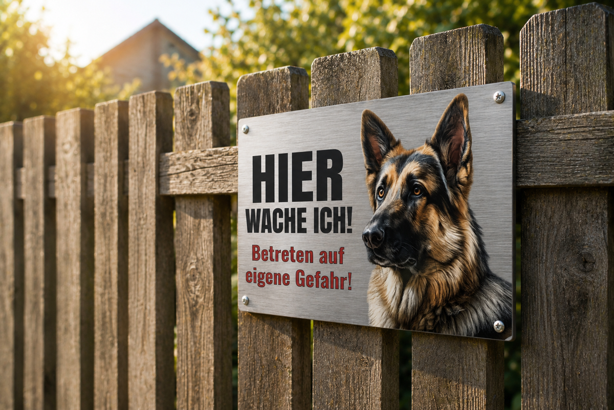 Hundeschild Deutscher Schäferhund Hier wache ich! – Premium Warnschild Hund aus Aluminium Verbund in Edelstahl Optik – Wetterfestes Schild für Außenbereich