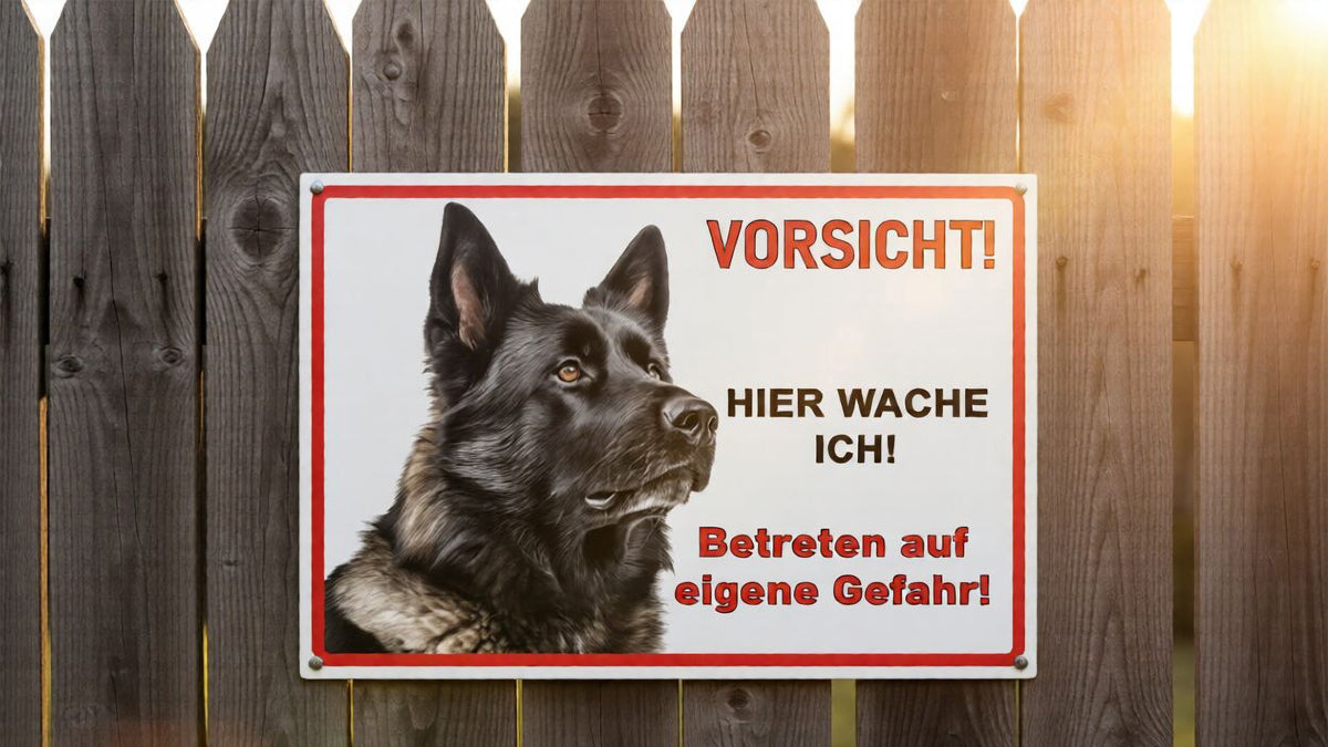 Hundeschild Deutscher Schäferhund schwarz – Vorsicht Hund Schild mit Spruch oder Wunschtext | weißer Aluverbund