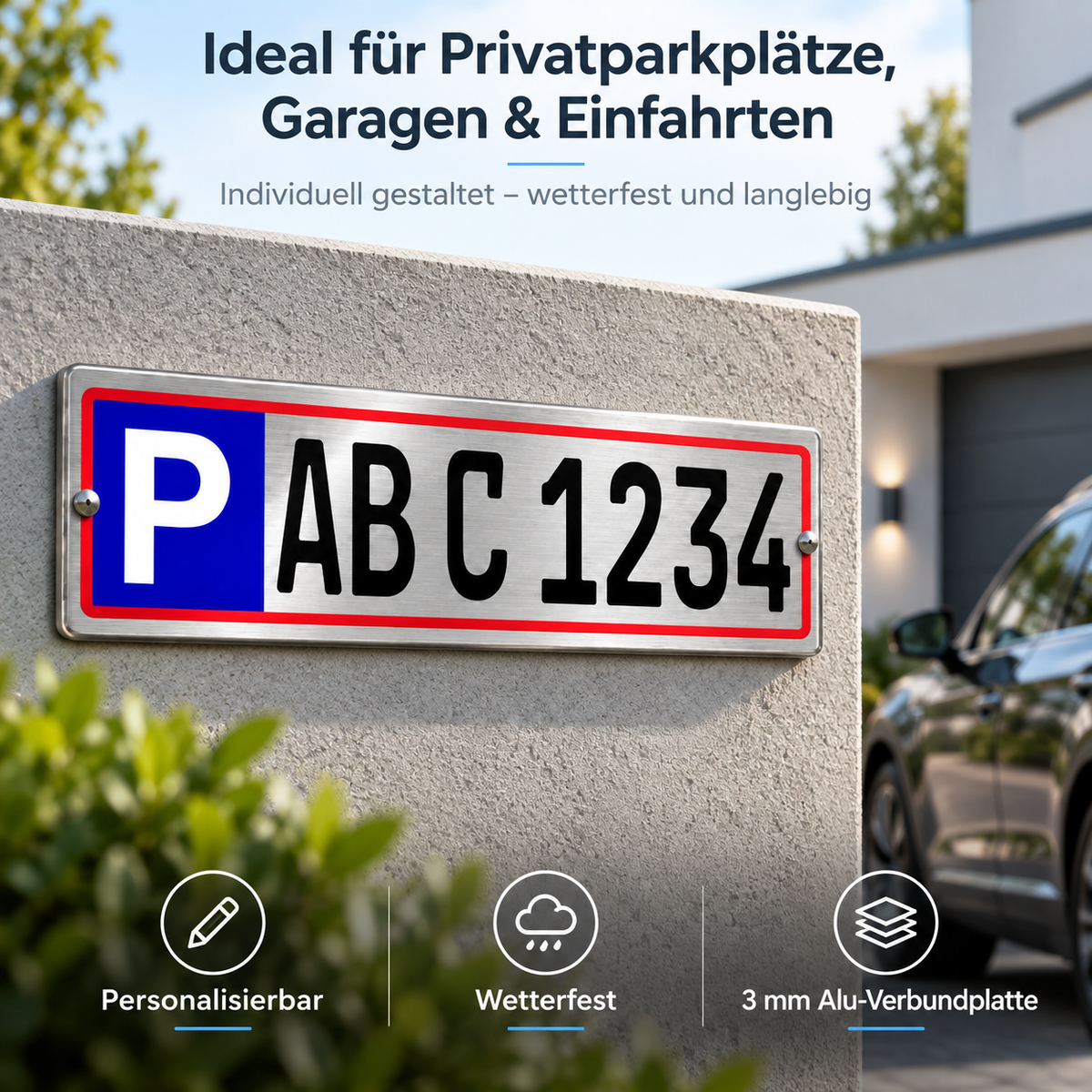 Parkplatzschild personalisiert 30 × 8 cm – Aluverbund Silber