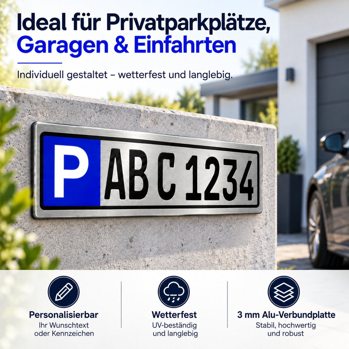 Parkplatzschild personalisiert 30 × 8 cm – Aluverbund Silber
