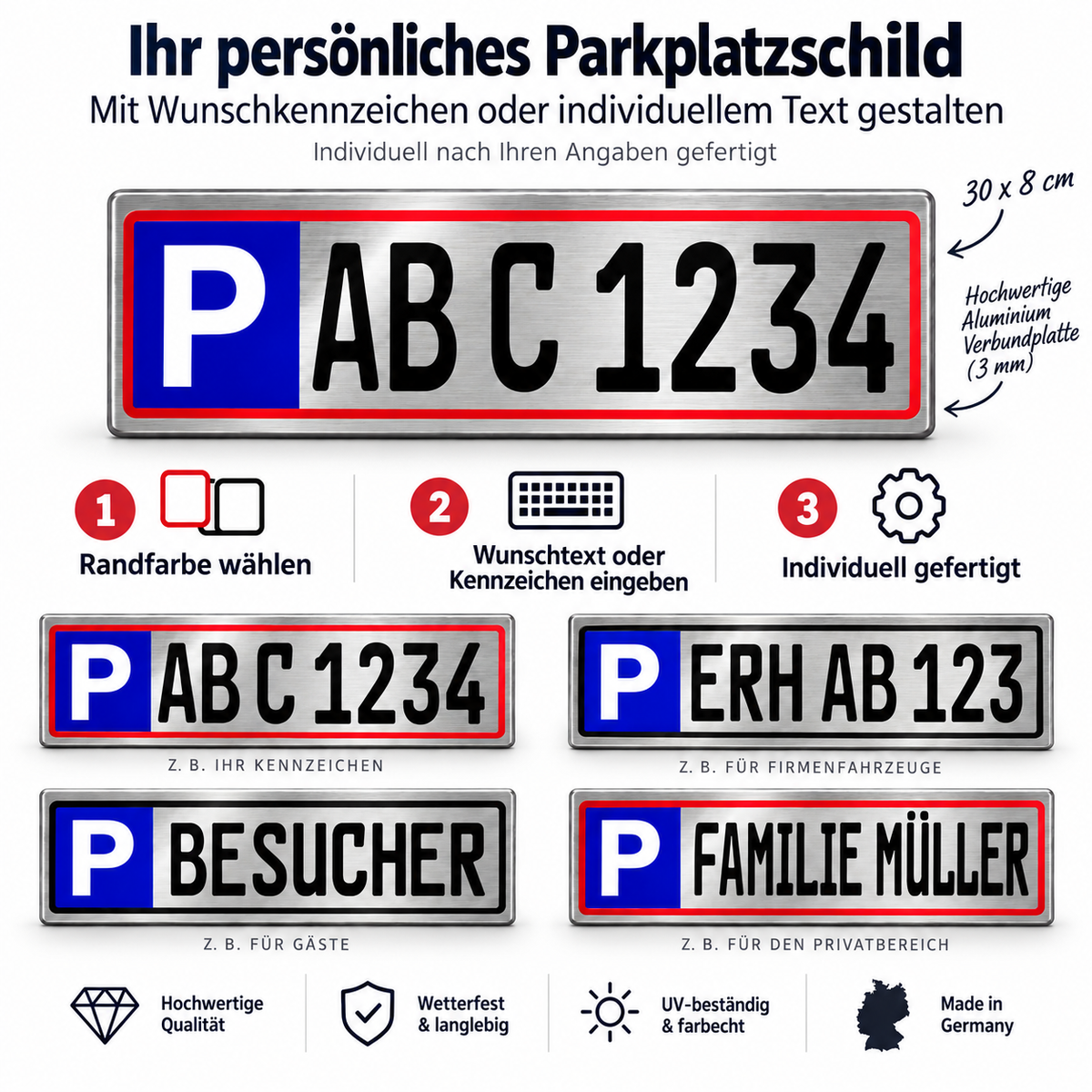 Parkplatzschild personalisiert 30 × 8 cm – Aluverbund Silber