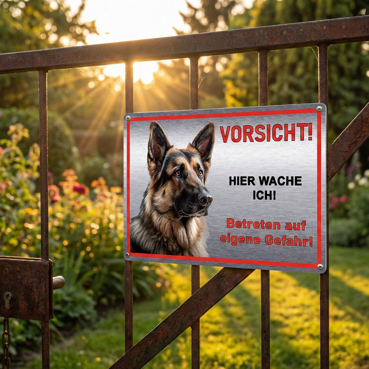 Vorsicht Hund Schild mit Spruch Deutscher Schäferhund