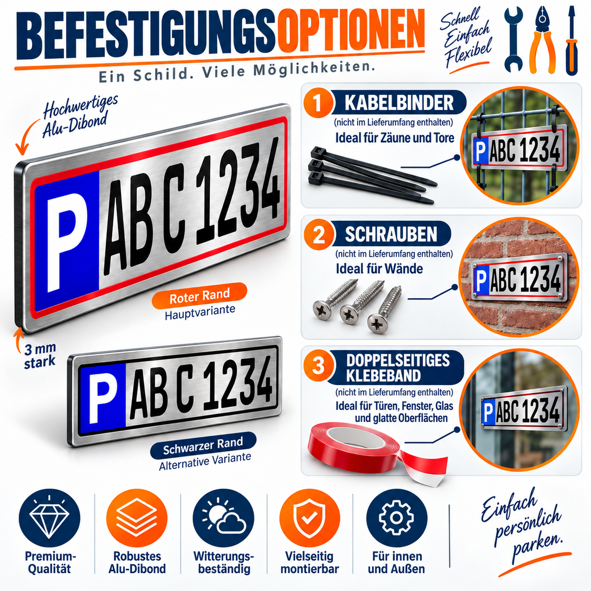 Parkplatzschild personalisiert 30 × 8 cm – Aluverbund Silber